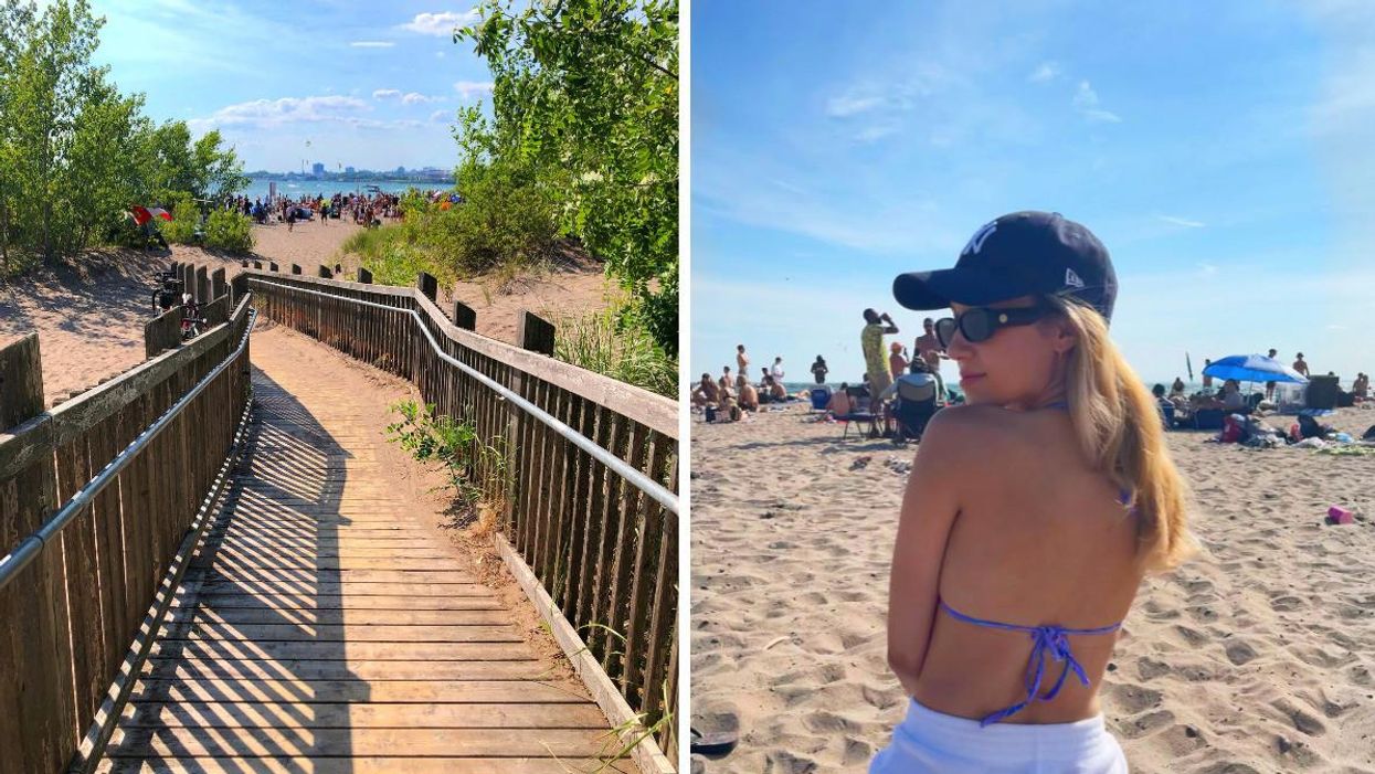 The boardwalk to the beach. Right: Katherine Caspersz at Hanlan's Point Beach in Toronto.