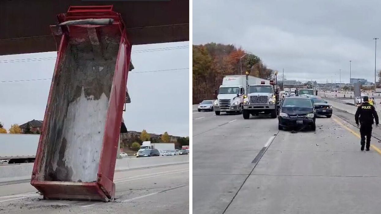The box wedged between the bridge. Right: The backed up traffic.