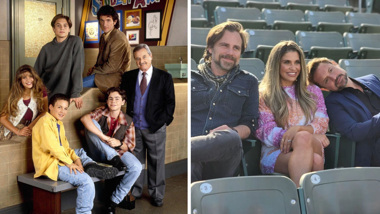 The 'Boy Meets World' cast on set in the '90s. Right: The 'Boy Meets World' cast today.