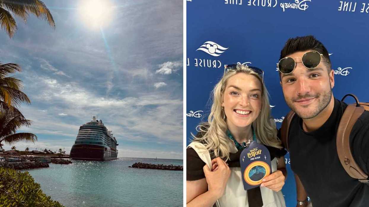 The brand-new Disney Destiny ship, docked in Disney's Castaway Cay. Right: Helena smiles as she boards the Disney Destiny.
