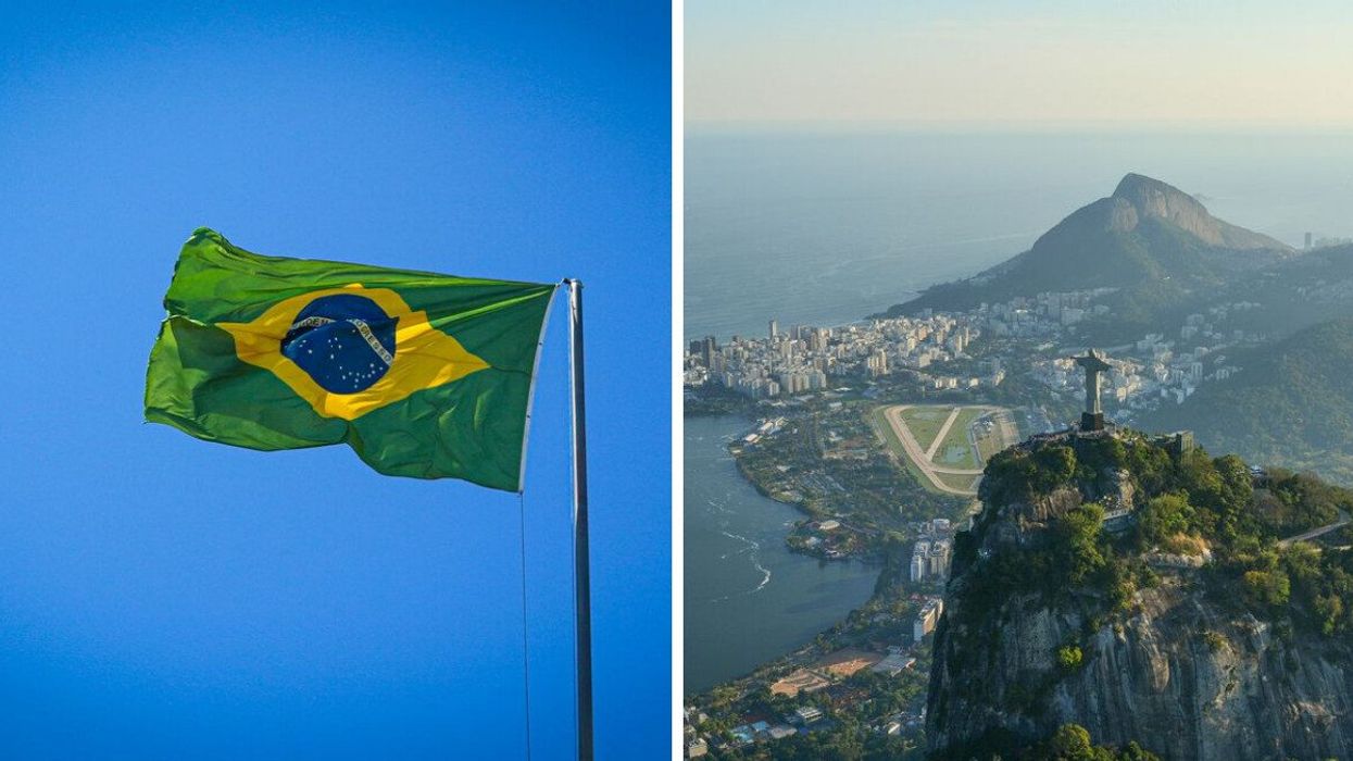 The Brazil flag. Right: Rio de Janeiro, Brazil.