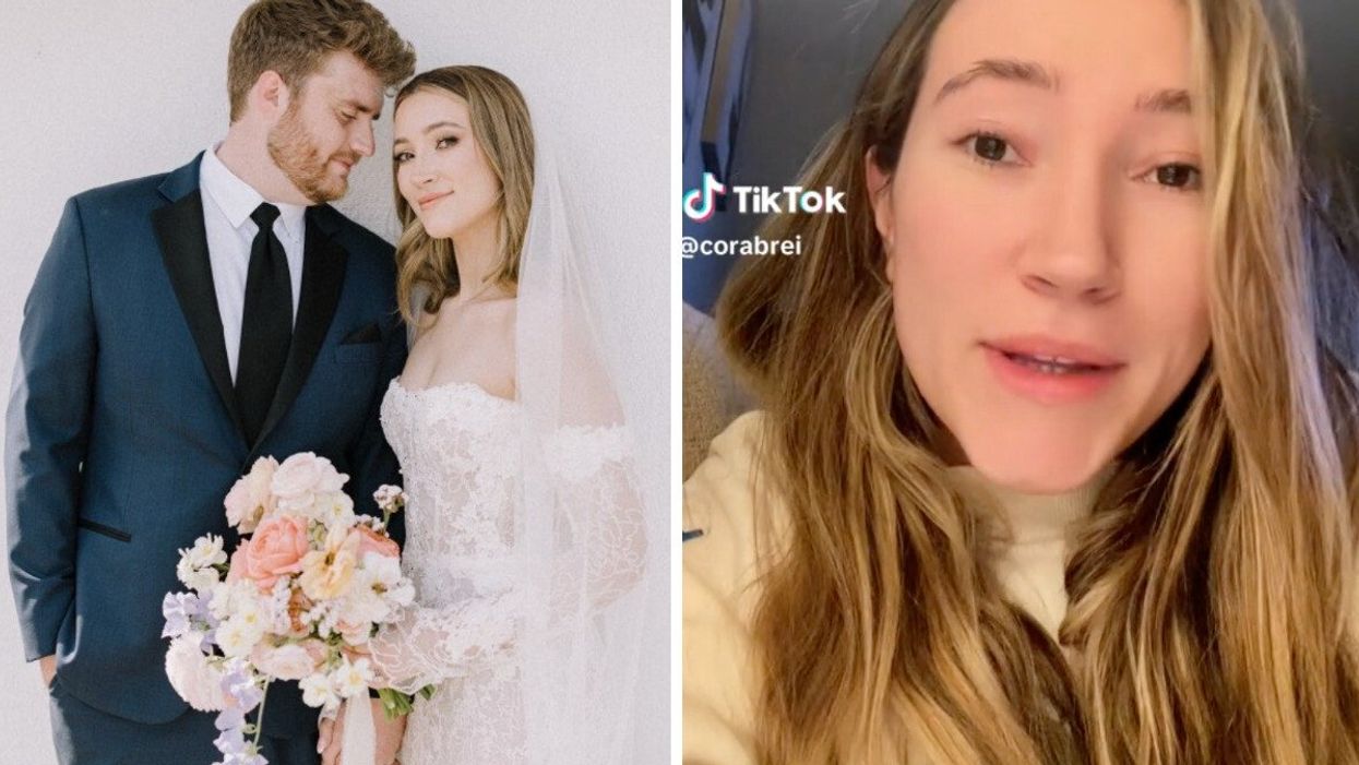 The bride and groom on their wedding day. Right: The bride explaining what happened in a TikTok video.