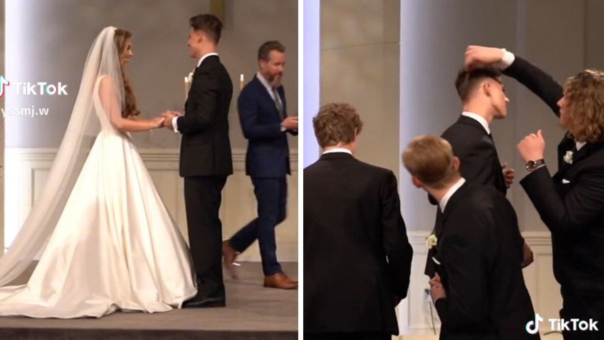 The bride and groom on their wedding day. Right: The groom getting prepared for his first kiss.
