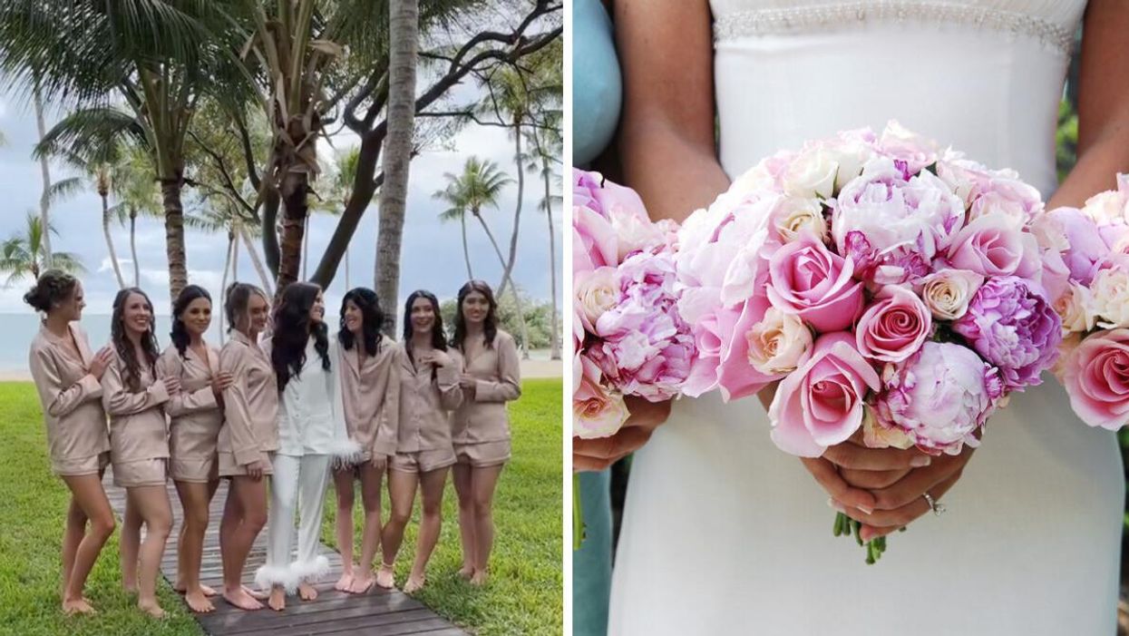 The bride and her bridesmaids in the TikTok video. Right: A bride and bridesmaids holding flower bouquets.