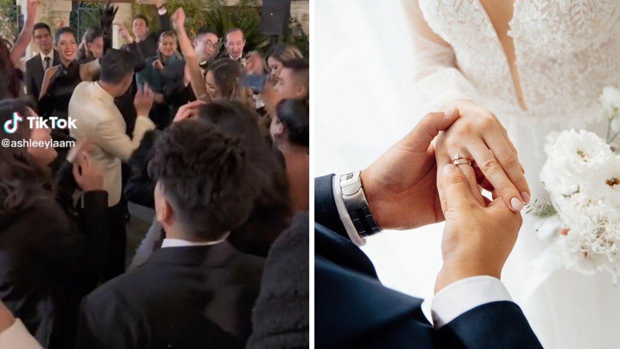 The bride dancing with a group of people at her wedding. Right: A couple exchanging rings at the wedding ceremony.