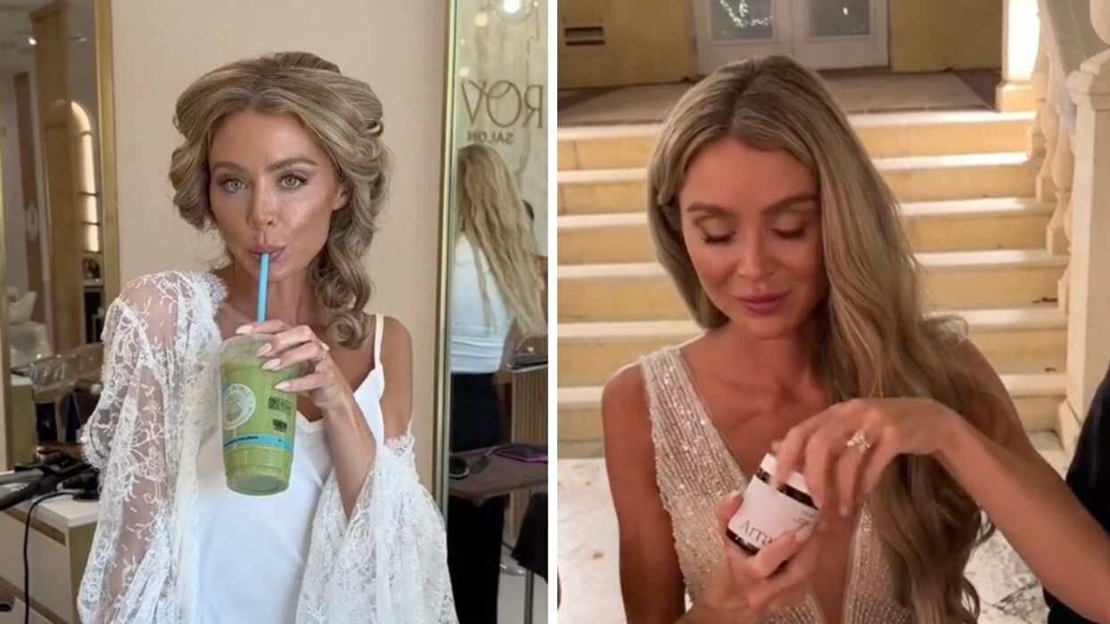 The bride drinking a smoothie on her wedding day. Right: The bride taking an anti-bloat pill during her wedding.