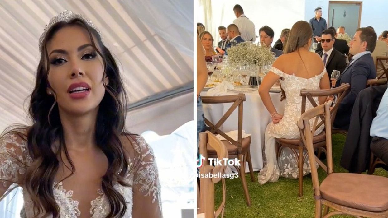 The bride in the TikTok video. Right: One of the guests wearing a white dress.