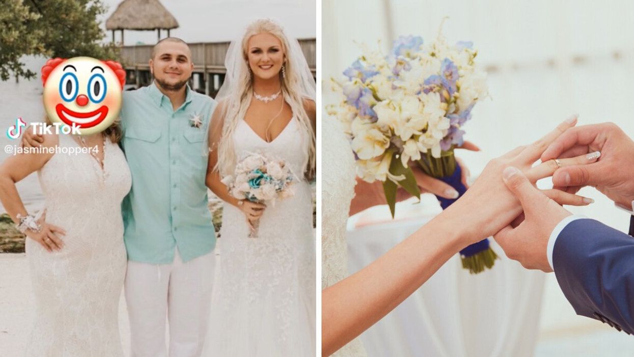 The bride's TikTok video. Right: A couple exchanging wedding rings.