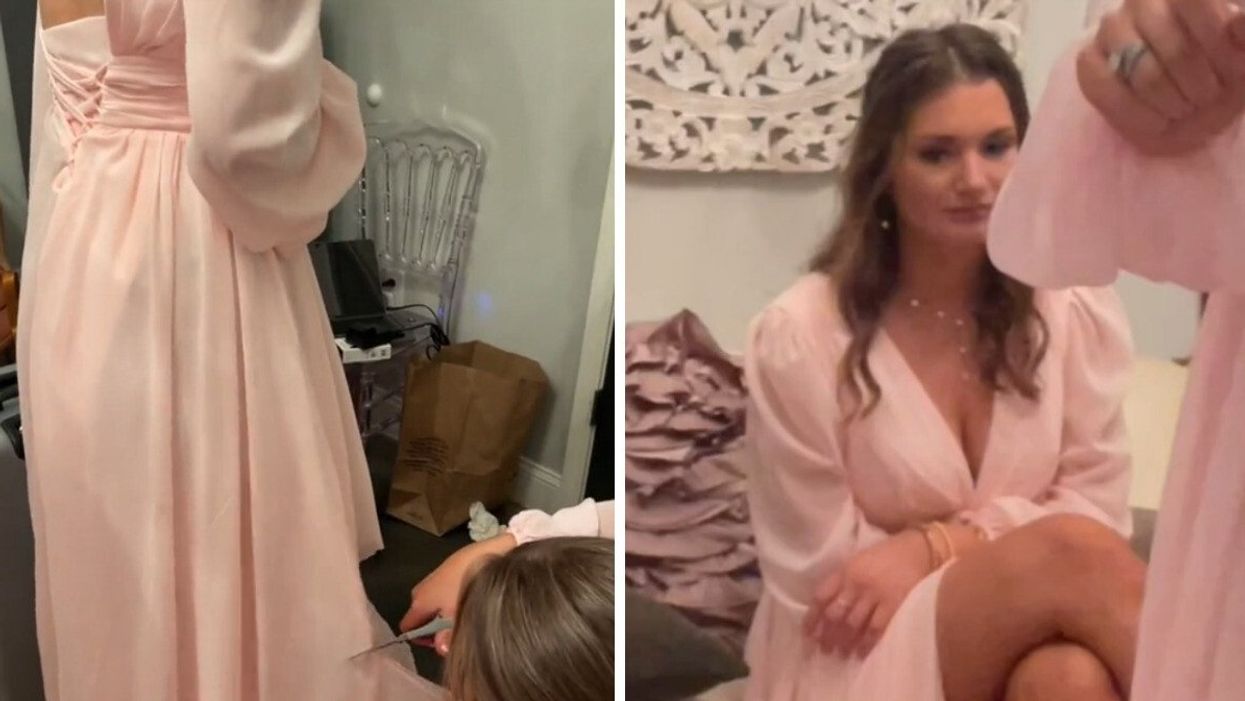 The bridesmaids cutting their dresses. Right: The reaction of one of the bridesmaids.