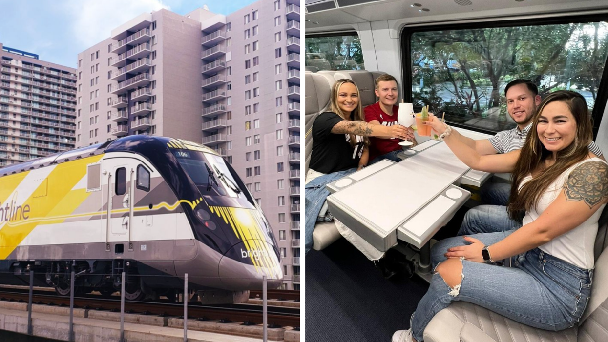 The Brightline train. Right: A group of friends with drinks on the Brightline train.