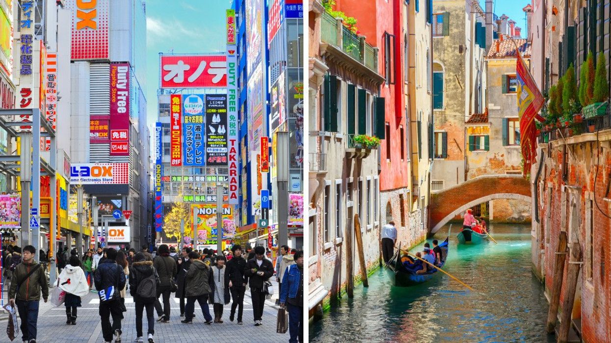 The brightly-lit, busy streets of Tokyo, Japan. Right: Picturesque view of gondolas on lateral narrow canal in Venice, Italy.
