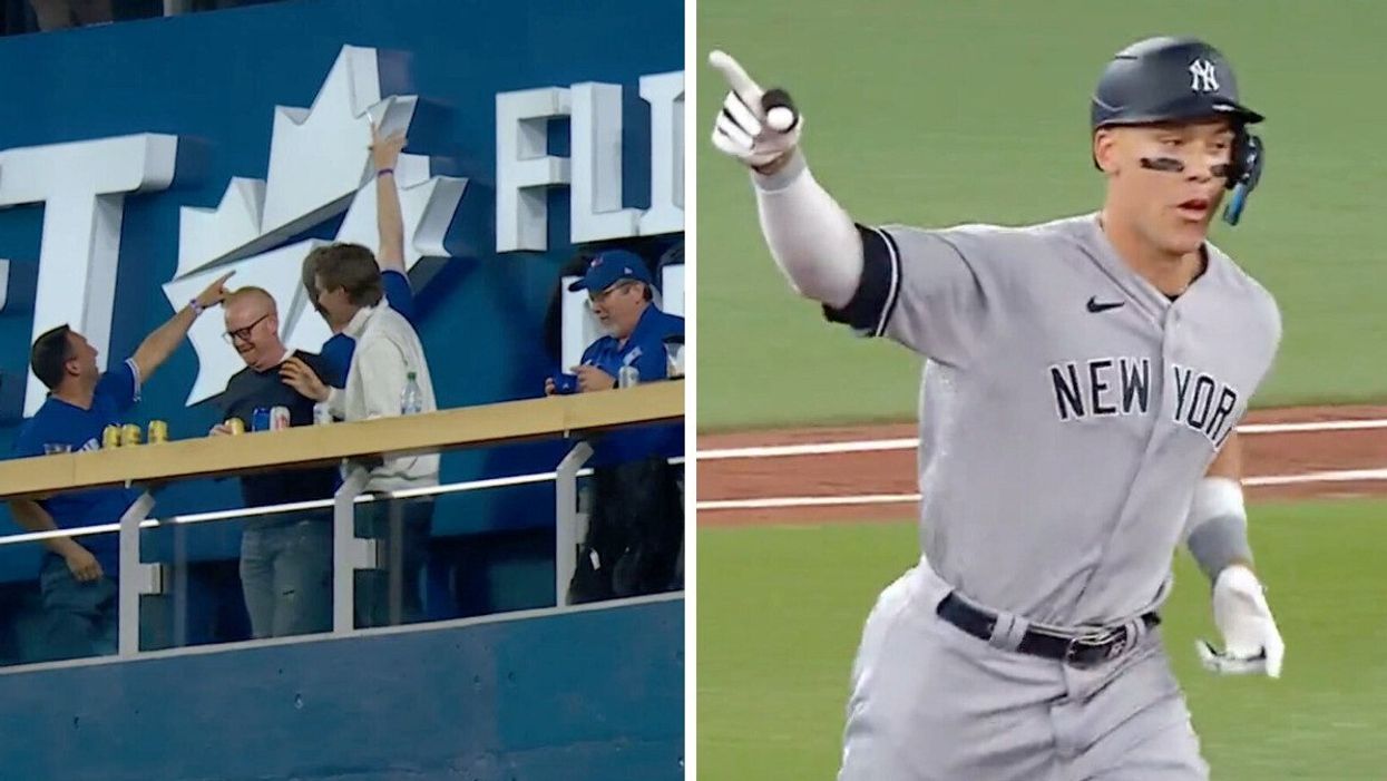 The broken WestJet logo at Rogers Centre. Right: New York Yankees star Aaron Judge after hitting a home run.