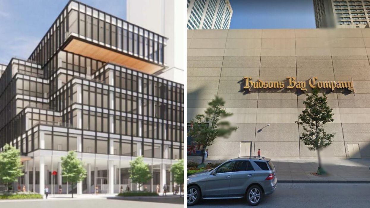 The building at 2 Bloor St. E. Right: The beige building of the Hudson's Bay Centre.