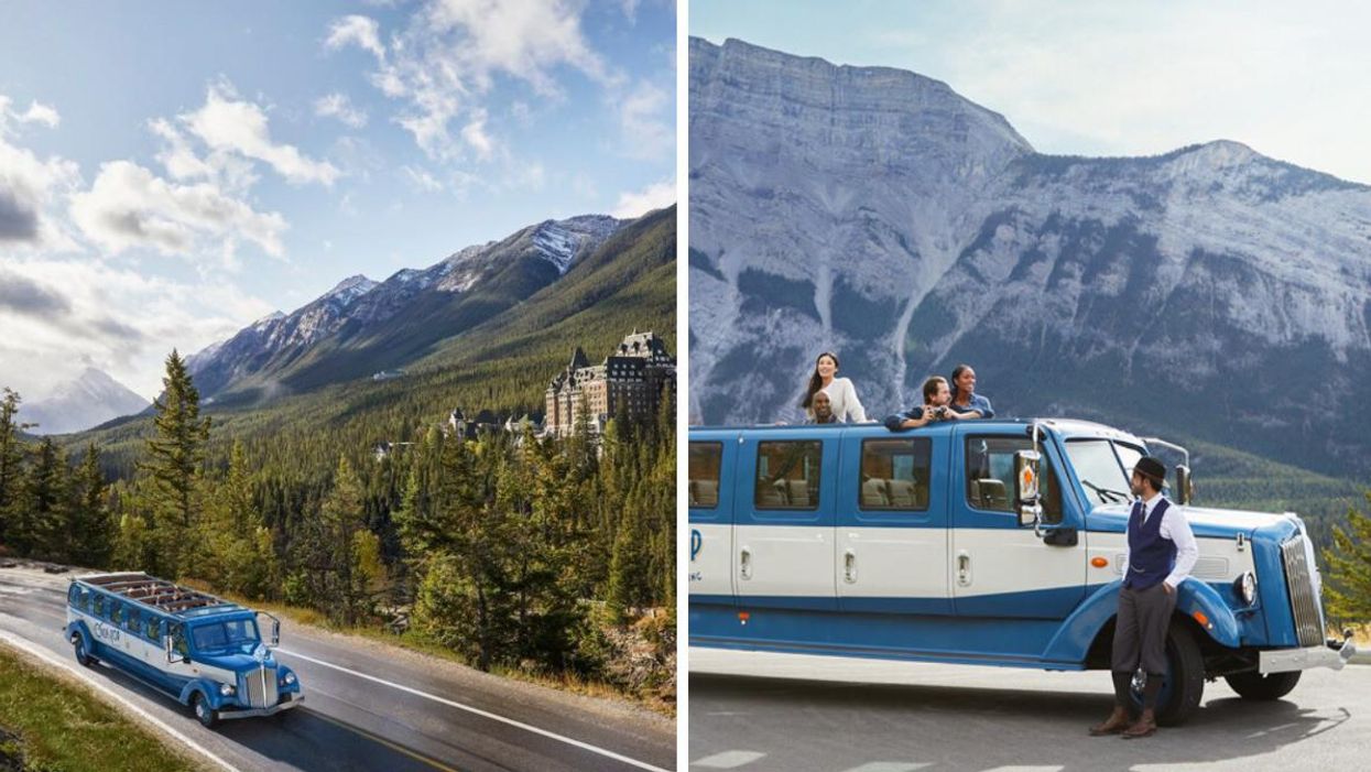 The bus passing by Banff Springs Hotel. Right: The open-top bus with guests on board.