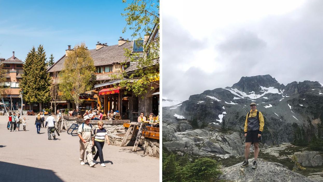 The busy Whistler Village. Right: Tristan Wheeler at the top of a hike.
