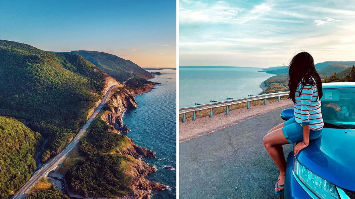 The Cabot Trail seen from above. Right: A person sits on a car overlooking the ocean.