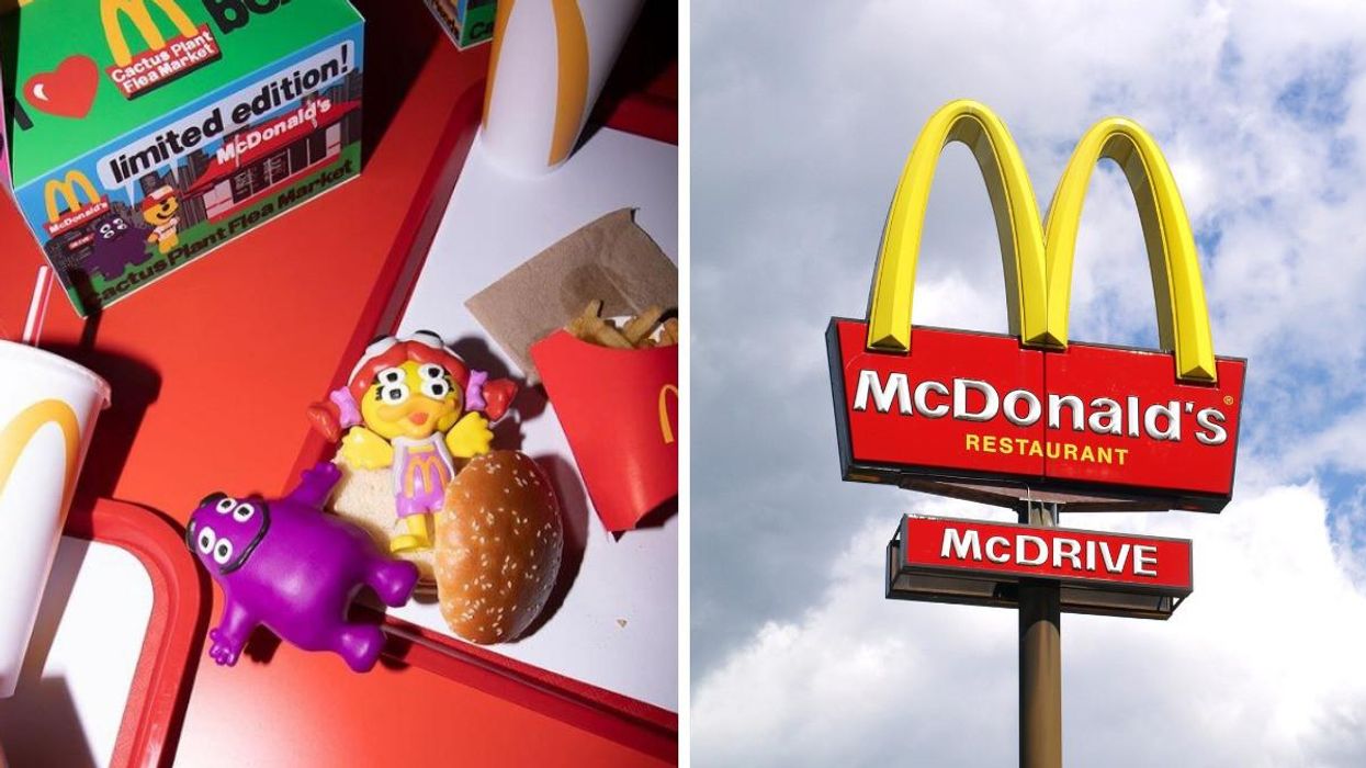 The Cactus Plant Flea Market Adult Happy Meal. Right: A McDonald's Drive-Thru Scene.