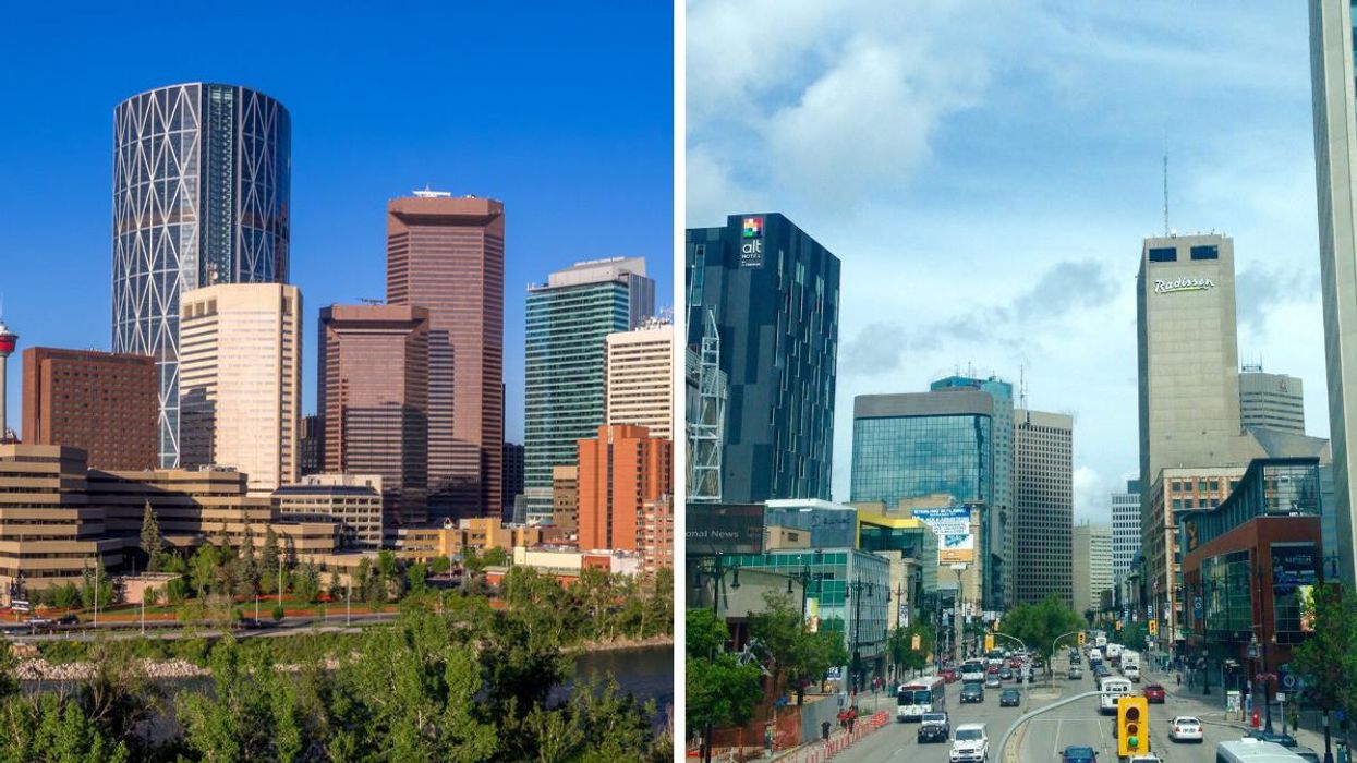 The Calgary skyline. Right: A street in Downtown Winnipeg.