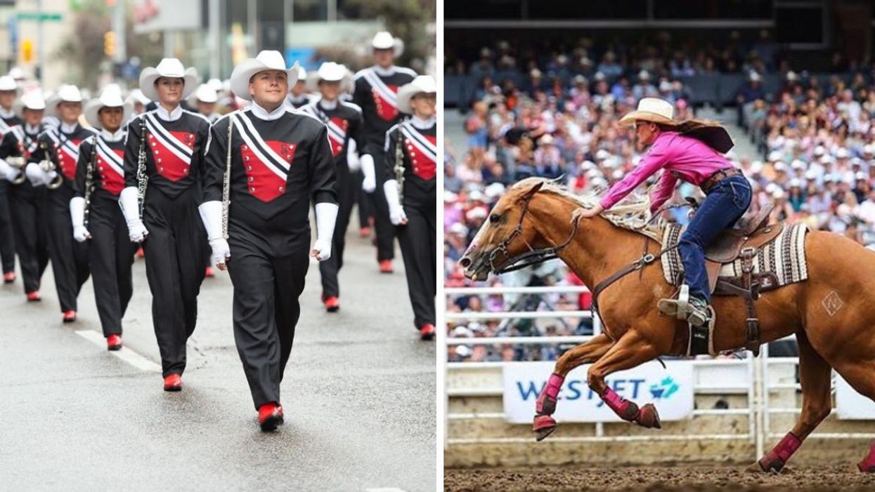The Calgary Stampede marching band marching through the city. Right: A woman taking part in the rodeo