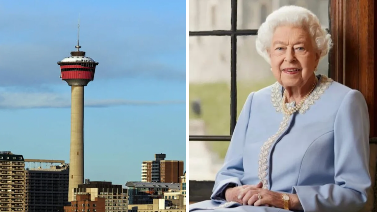 The Calgary Tower in Calgary. Right: The late Queen Elizabeth II.