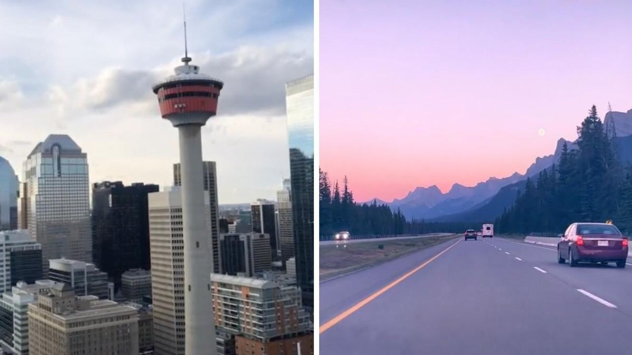 The Calgary Tower. Right: A sunset in the Rockies.