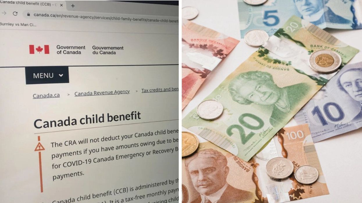 The Canada Child Benefit web page. Right: Canadian dollars.