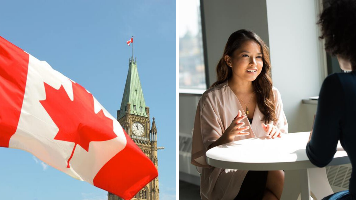 The Canada flag. Right: A woman talking across a table.