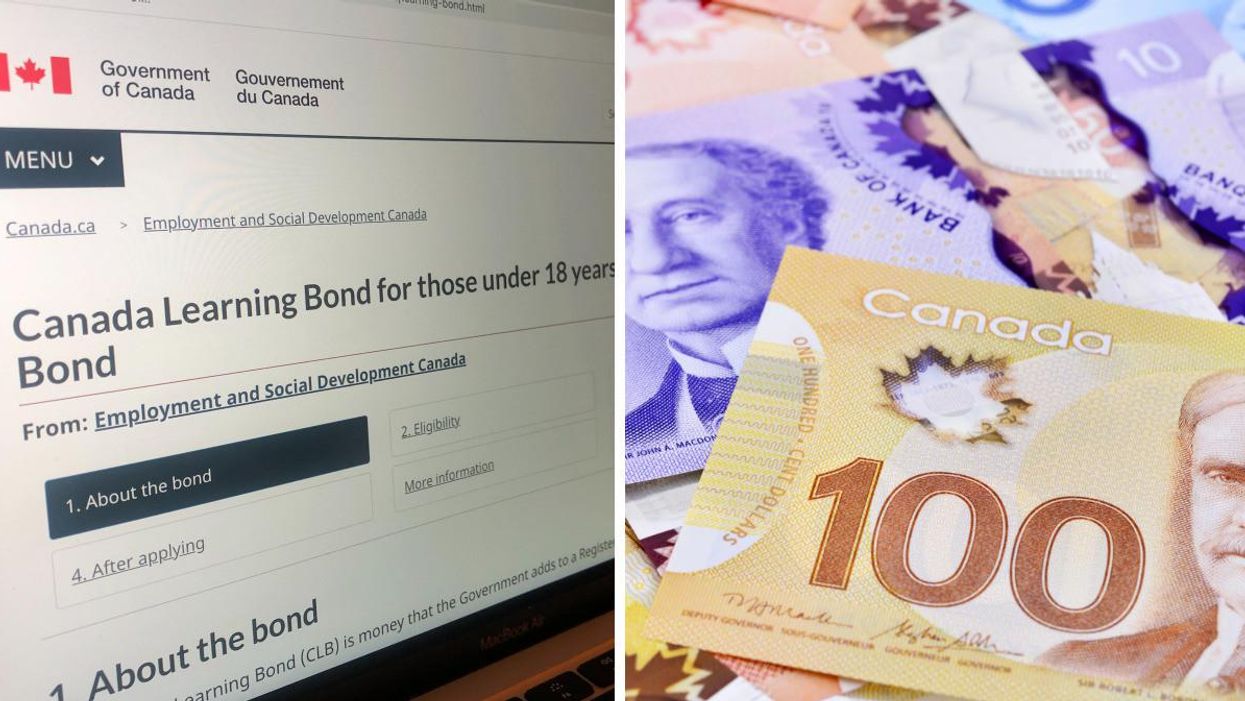 The Canada Learning Bond page on the government's website. Right: Canadian dollars.