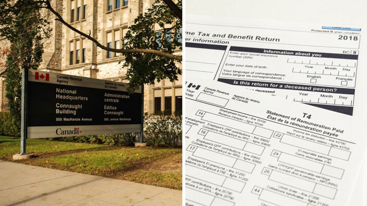 The Canada Revenue Agency Headquarters. Right: A Canadian tax document.