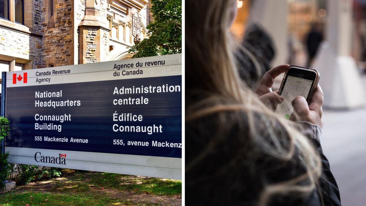 The Canada Revenue Agency in Ottawa. Right: A person dials on a phone.