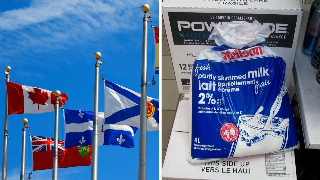 The Canadian and provincial flags. Right: Bagged milk.