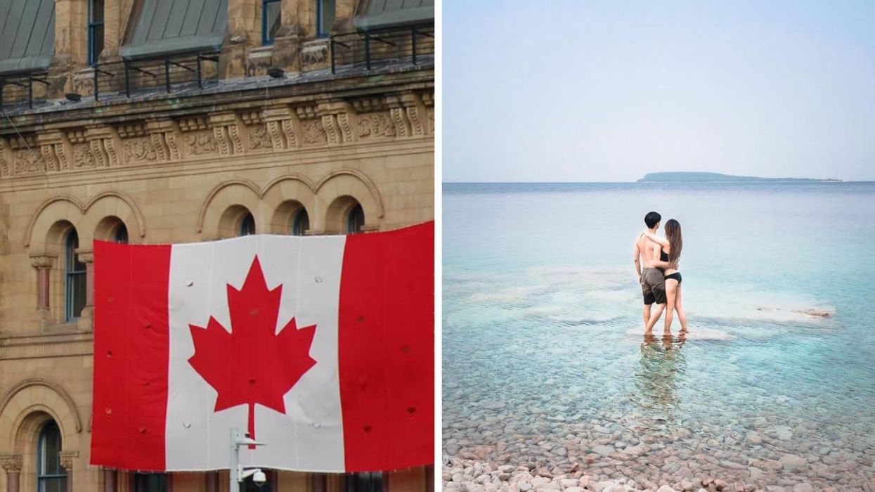 The Canadian flag hangs on a building in Ottawa, Ontario. Right: Couple standing in shallow water in Tobermory.