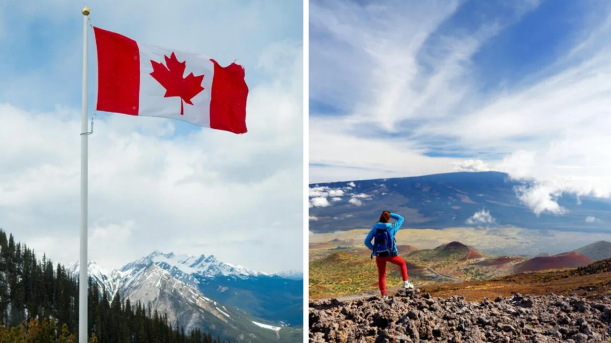 The Canadian flag in front of a mountain. Right: a tourist looking at Mauna Loa in Hawaii.