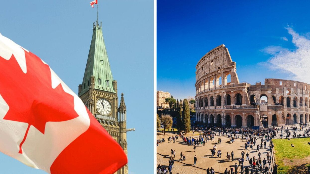 The Canadian flag in Ottawa. Right: The Colosseum in Rome, Italy.