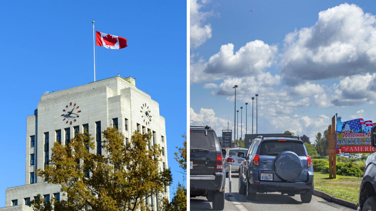 The Canadian flag over Vancouver City Hall. Right: The Canada U.S. Border crossing.