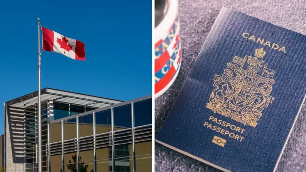The Canadian flag. Right: A Canadian passport.
