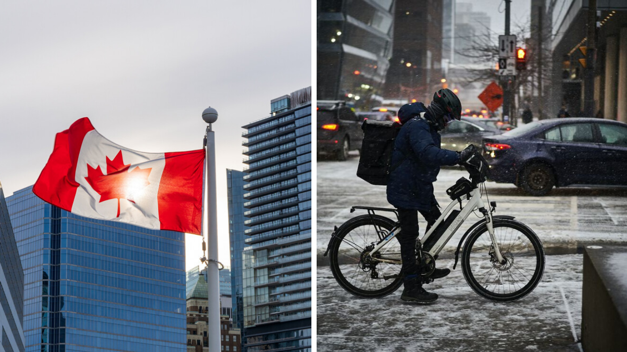 The Canadian flag. Right: A man on a bike in Canada.