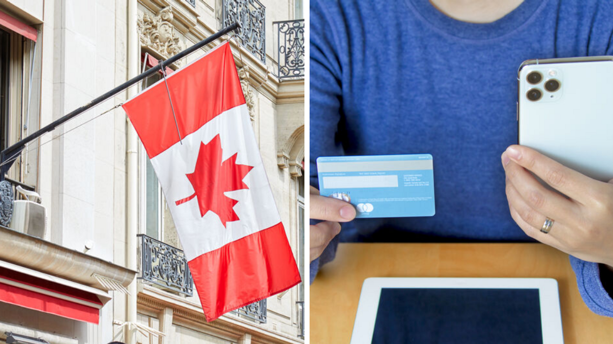 The Canadian flag. Right: A person making a payment with a credit card.
