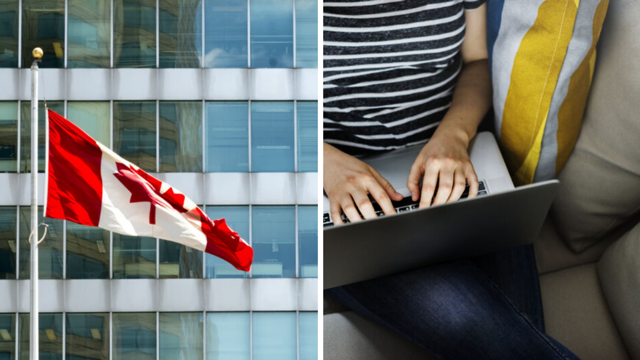 The Canadian flag. Right: A person on a laptop.