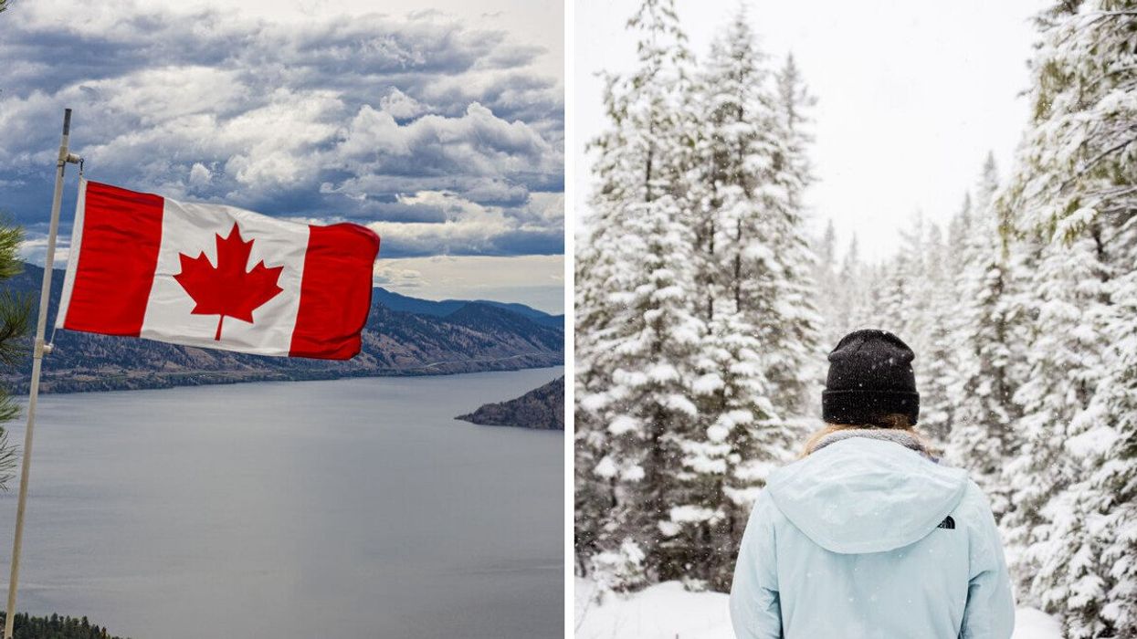 The Canadian flag. Right: A person stands in the snow.
