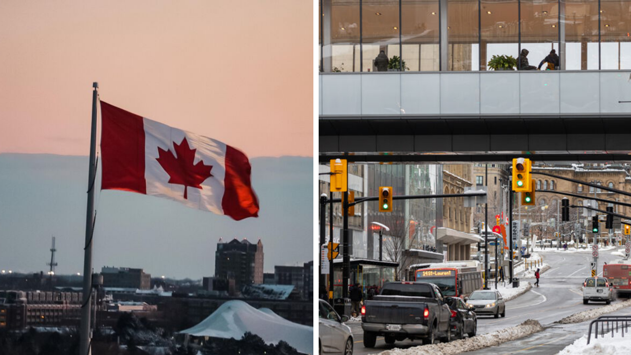The Canadian flag. Right: A street in Ottawa.