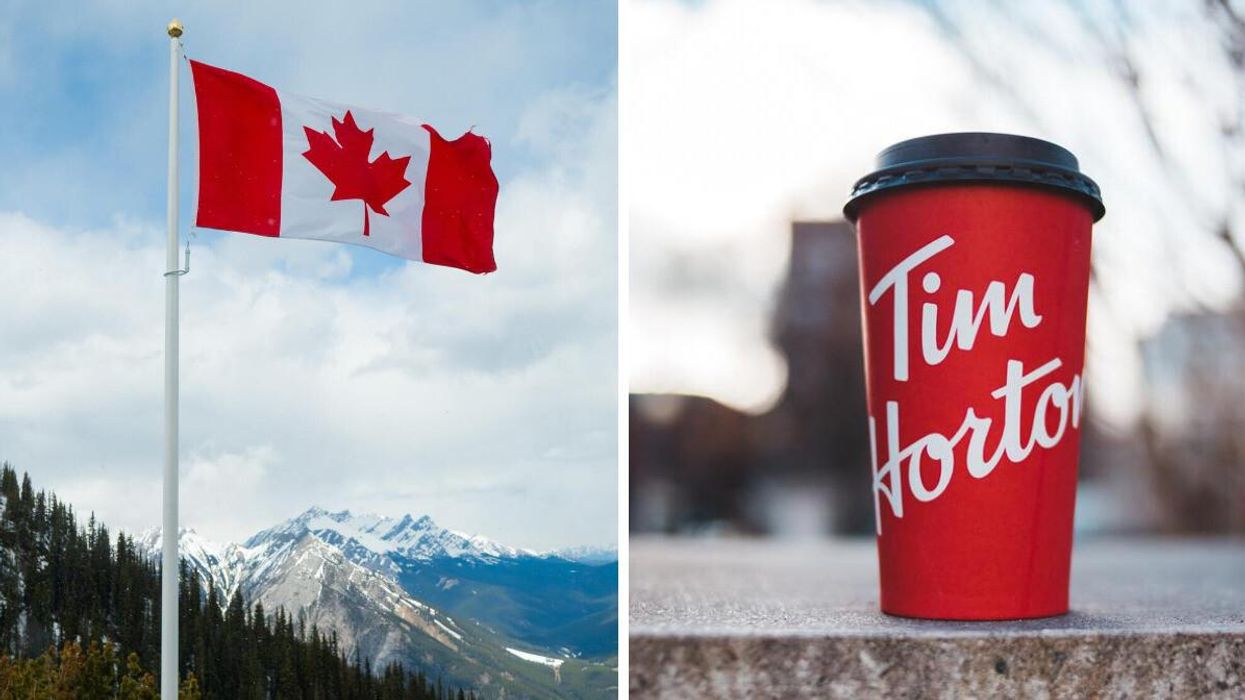 The Canadian flag. Right: A Tim Hortons cup.