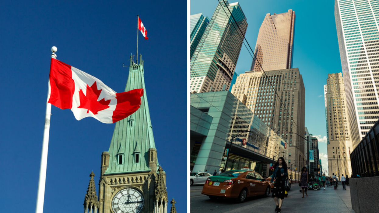 The Canadian flag. Right: Downtown Toronto.
