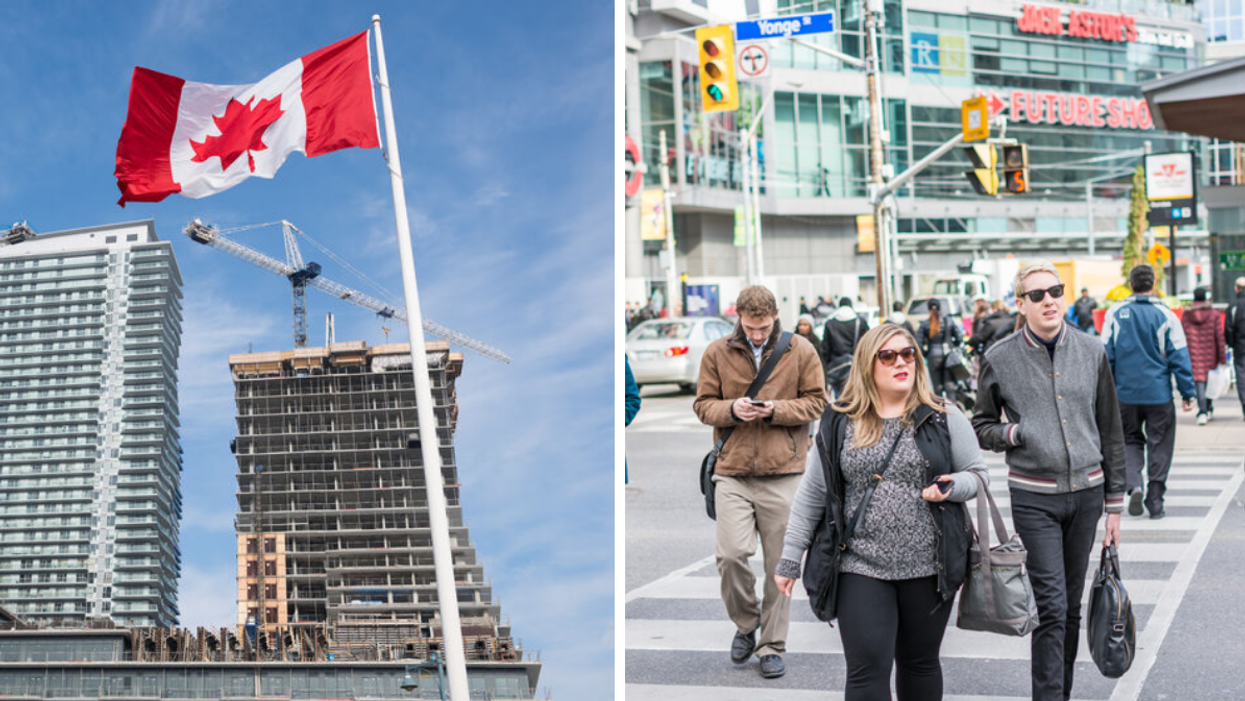 The Canadian flag. Right: People on a busy street in Toronto.