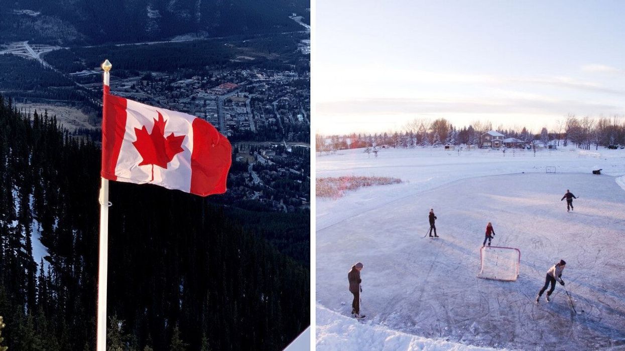 The Canadian flag. Right: People playing hockey.