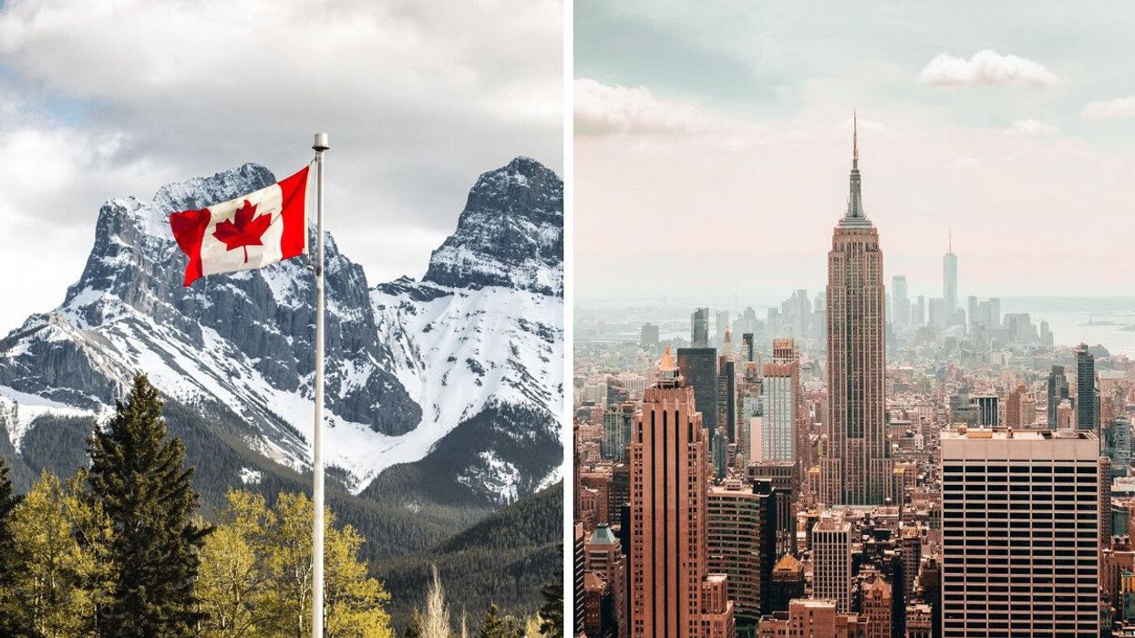 The Canadian flag. Right: The skyline of New York City.