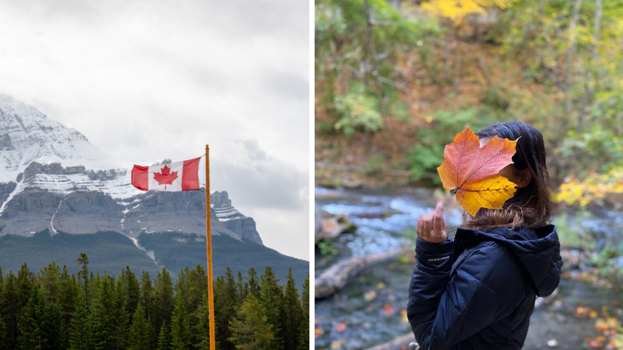 The Canadian flag with a backdrop of snow-capped mountains. Right: Janice Rodrigues holding a maple leaf.