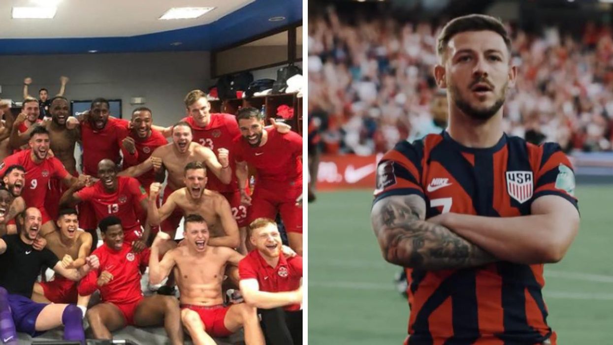 The Canadian men's soccer team. Right: A US men's national soccer team player.