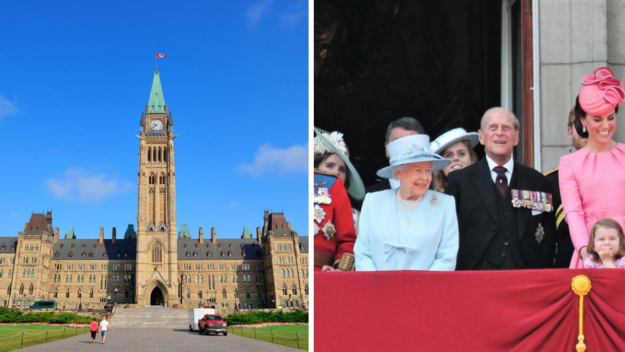 The Canadian Parliament building. Right: Queen Elizabeth II and Prince Phillip.