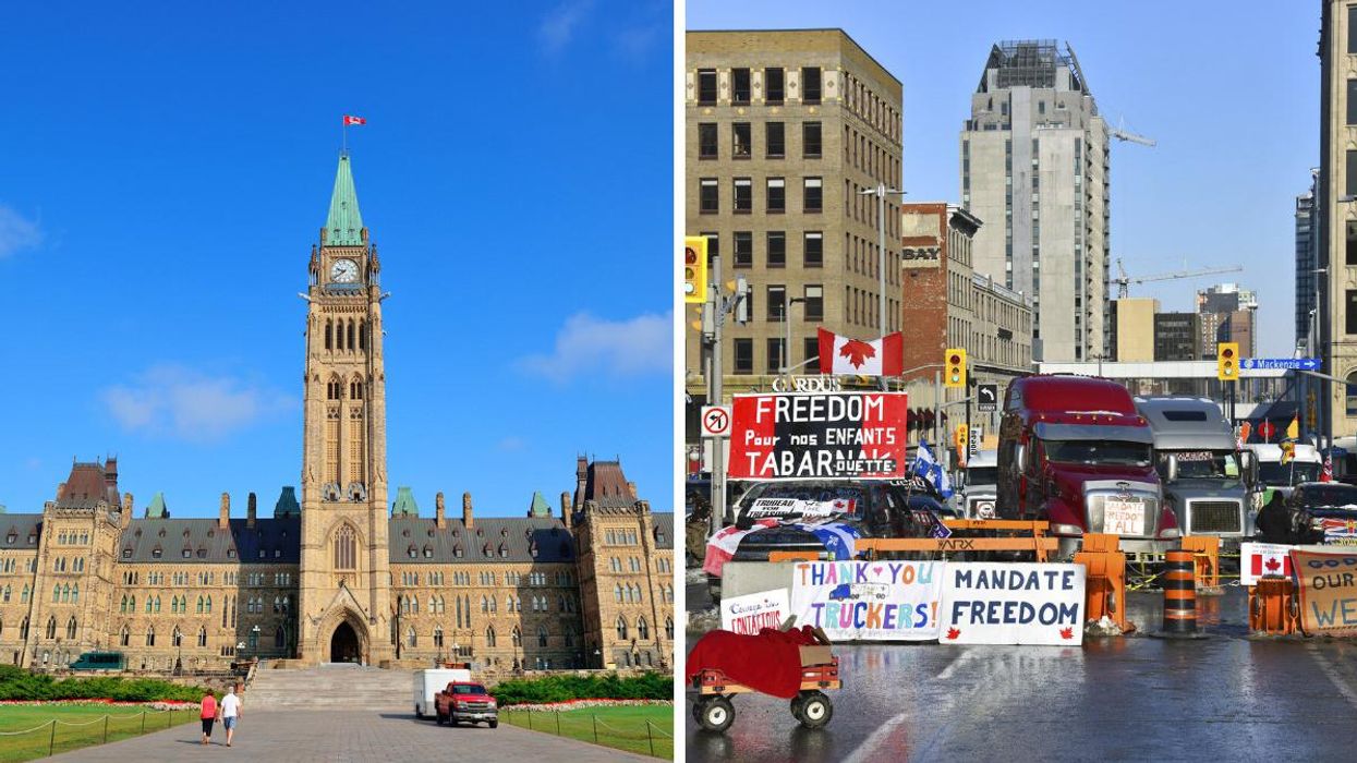The Canadian parliament. Right: A freedom convoy demonstration in Ottawa.